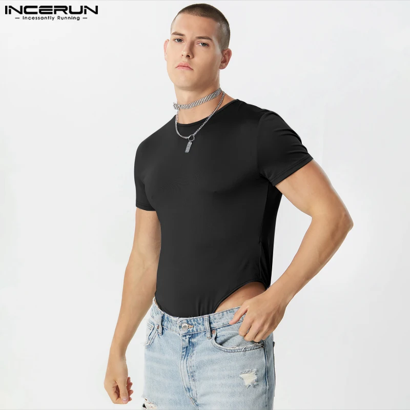 INCERUN-monos de manga corta para hombre, ropa cómoda de color liso, con cuello redondo, diseño triangular, S-5XL, 2023