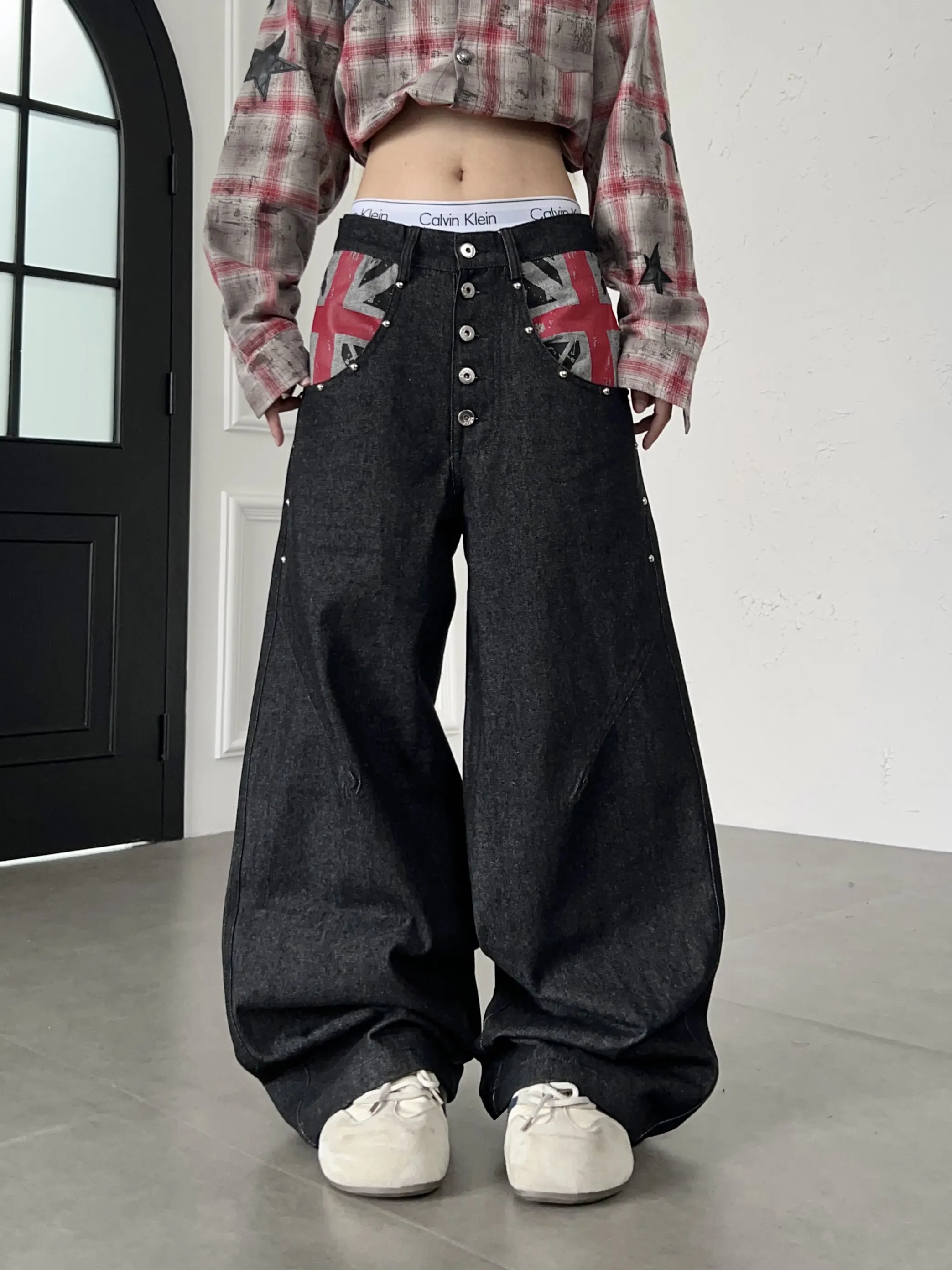 American Street Style Retro Union Jack Print Original Denim Jeans Men's Loose Wide Leg Embellished Multi-Buckled Long Trousers