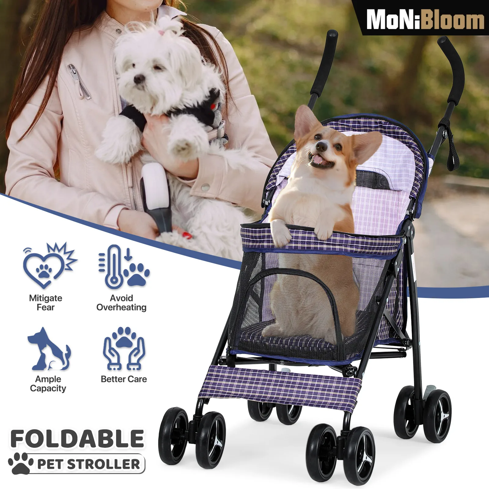 

Pet Stroller 4 Wheel Foldable Dog Cat Travel Carrier with Skylight Window Storage Basket Large Capacity Lightweight Pet Wagon