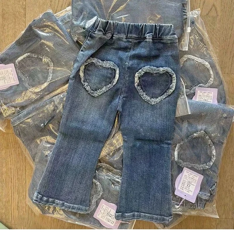 Girls Lace Straight Leg Jeans 2025 Spring Children Clothing Pants Children Korean Wide Leg Denim Pants