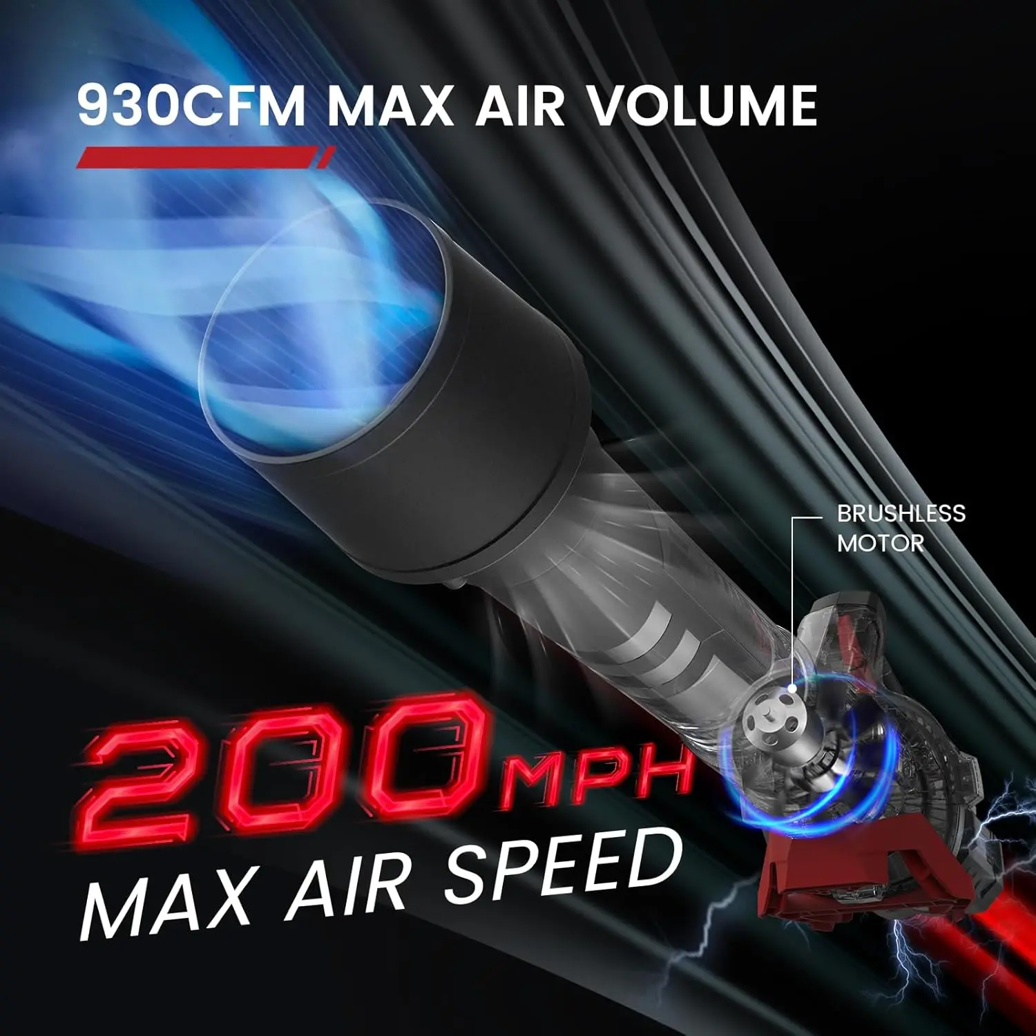 58V Powerful Blower, 930 CFM Max. Brushless Motor, Cruise Control, Turbo Variable-Speeds, CoolBlast Tech, 3 Nozzels, 5.0AH Batte