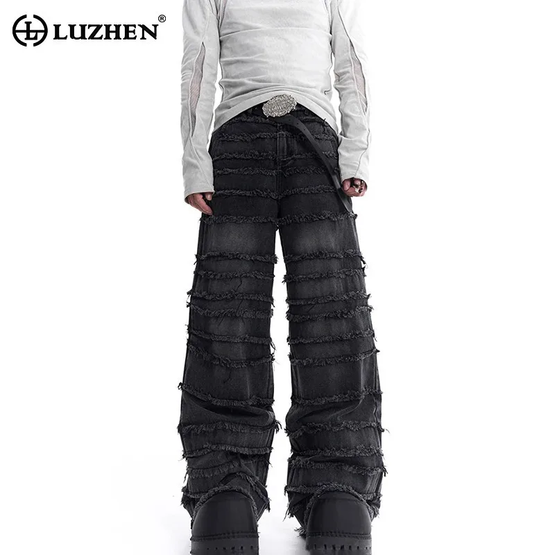 

LUZHEN Splicing Tassel Burr Jeans Design Personalized Trendy Wide Leg Denim Pants Autumn Washed High Street Men Trousers LZ5139