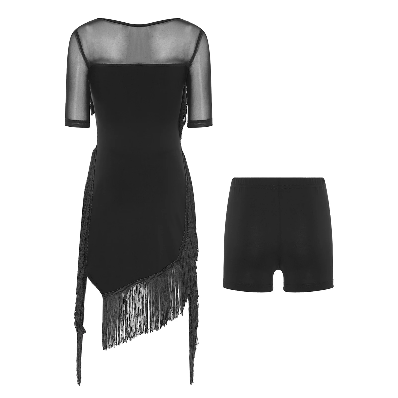 Dames Tango Latin Dancewear Kwastje Onregelmatige zoom Korte mouw Tango Salsa-jurk met veiligheidsshorts Set voor Jazz Modern Dance