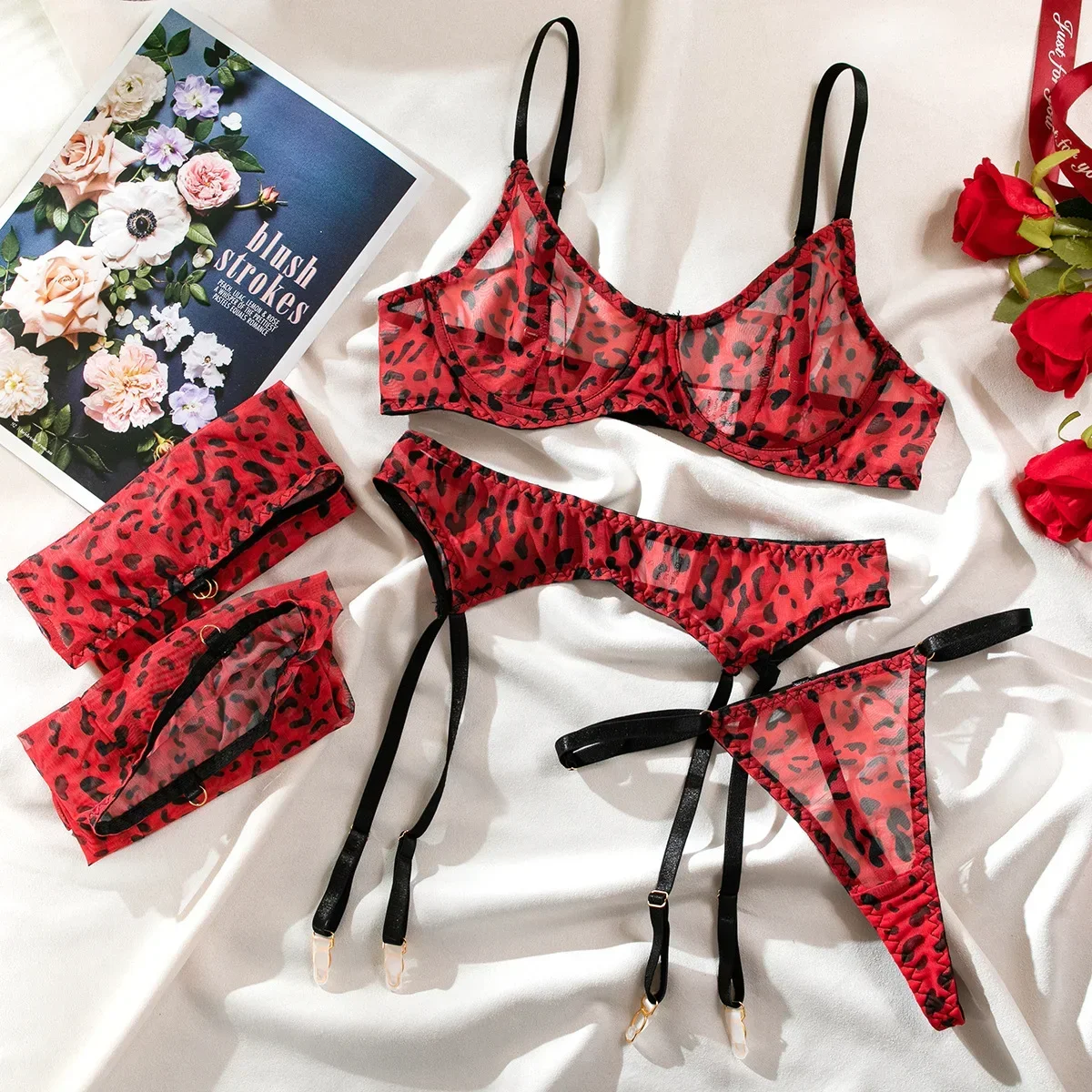 

Sexy Mesh Leopard Pattern Print Lingerie Women's Perspective Silk Socks Underwear Female Red Exotic Apparel Suit Four Pieces Set