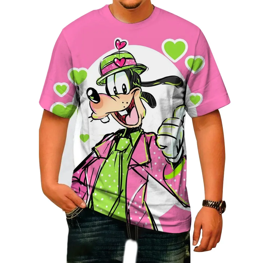 Summer Men's T-shirt Disney Goofy Print Round Neck Fashion Streetwear Casual Short Sleeve Top Tees Oversized Men Pink Clothing