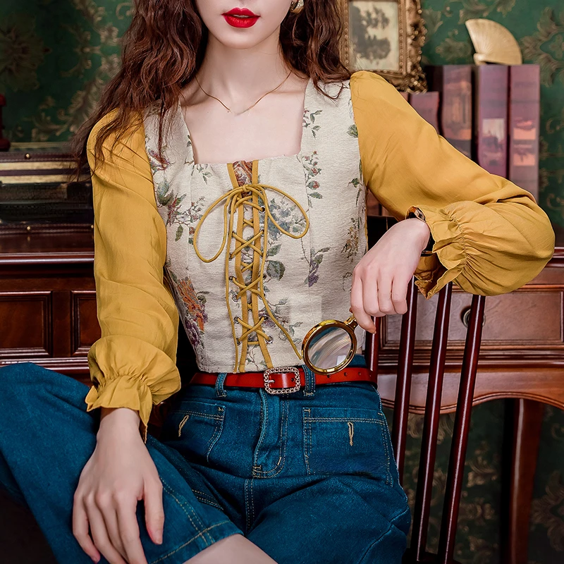 2024 Spring Fall Women Square Collar Yellow Patchwork Floral Lace Up Top Shirt , Woman Ruffled Full Sleeve  Tops Shirts