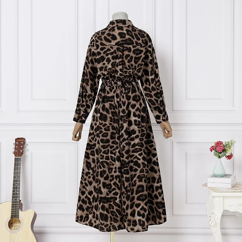 Vestido com estampa leopardo para mulheres, manga longa, polo urbano, balanço grande, roupas elegantes, moda, verão, 2023