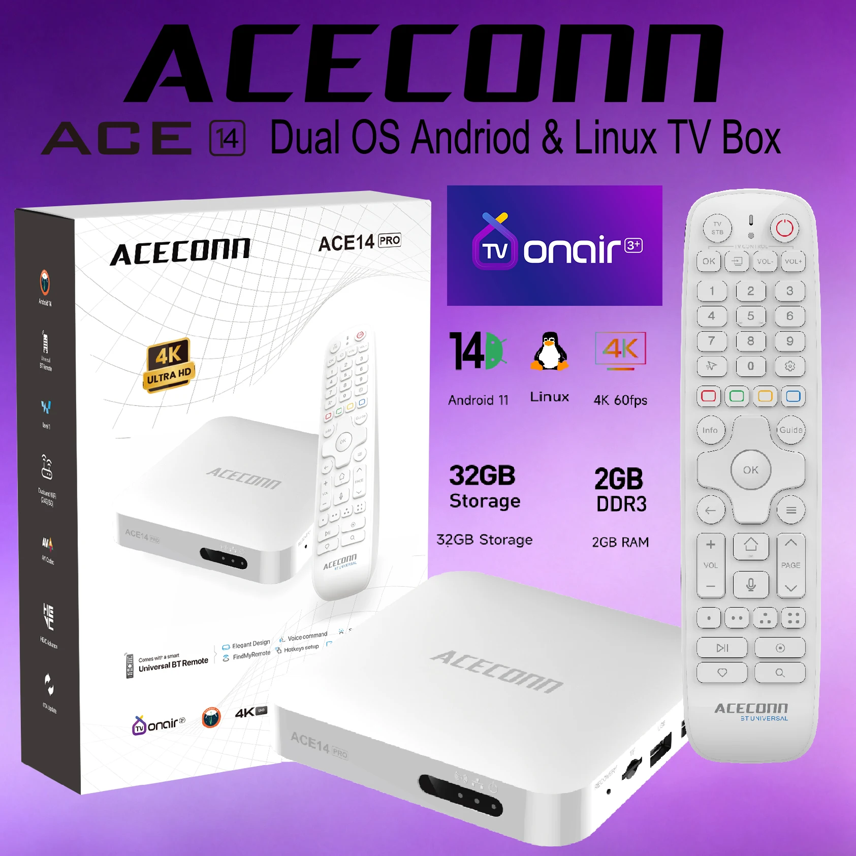 ACECONN ACE14 Pro 32GB 4K Dual WiFi TVONAIR3+ BT Remote TV Box Streaming Android Linux IPTV Box