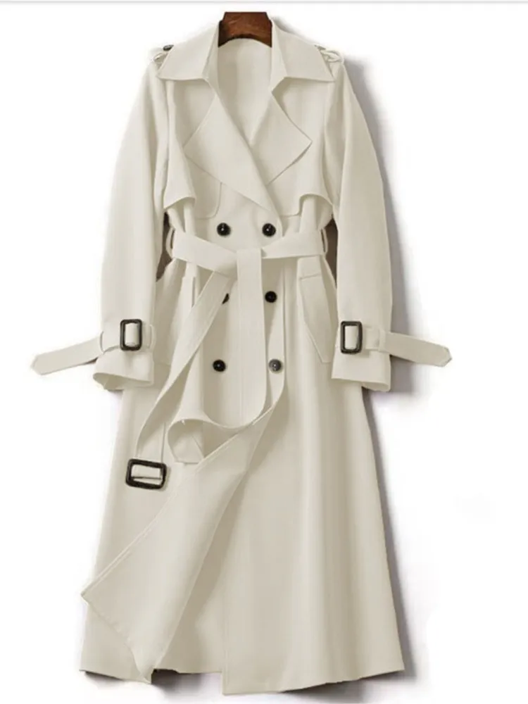 Women's Spring Autumn New Windbreaker Medium To Long Korean Edition Popular British Lace Up Coat Knee Length Coat