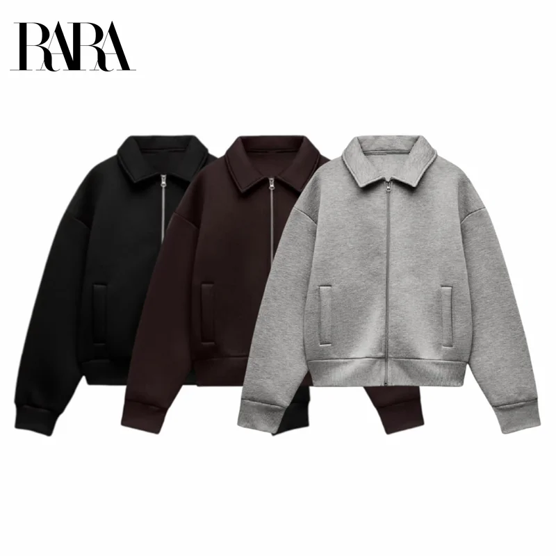 

RARA Women's Collared Zip Up Jacket with Dual Side Pockets Relaxed Fit and Ribbed Cuffs for a Casual and Cool Look