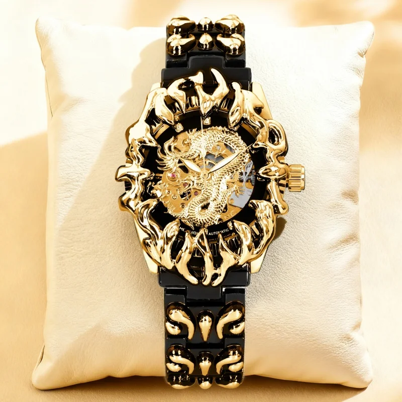 

A men's black and gold steel strap casual niche carved dragon pattern mechanical watch