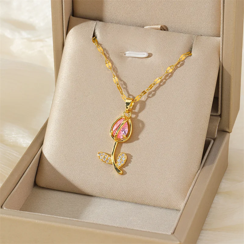 Fashionable Tulip Shaped Zircon Necklace for Women in Titanium Steel Material
