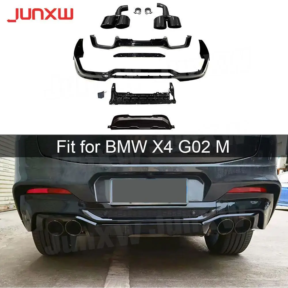 ABS Gloss Black Rear Bumper Diffuser with Stain Steel Exhaust Tips for BMW X4 G02 M Sport 2019-2022+Rear Lip Diffuser Set OO-OO