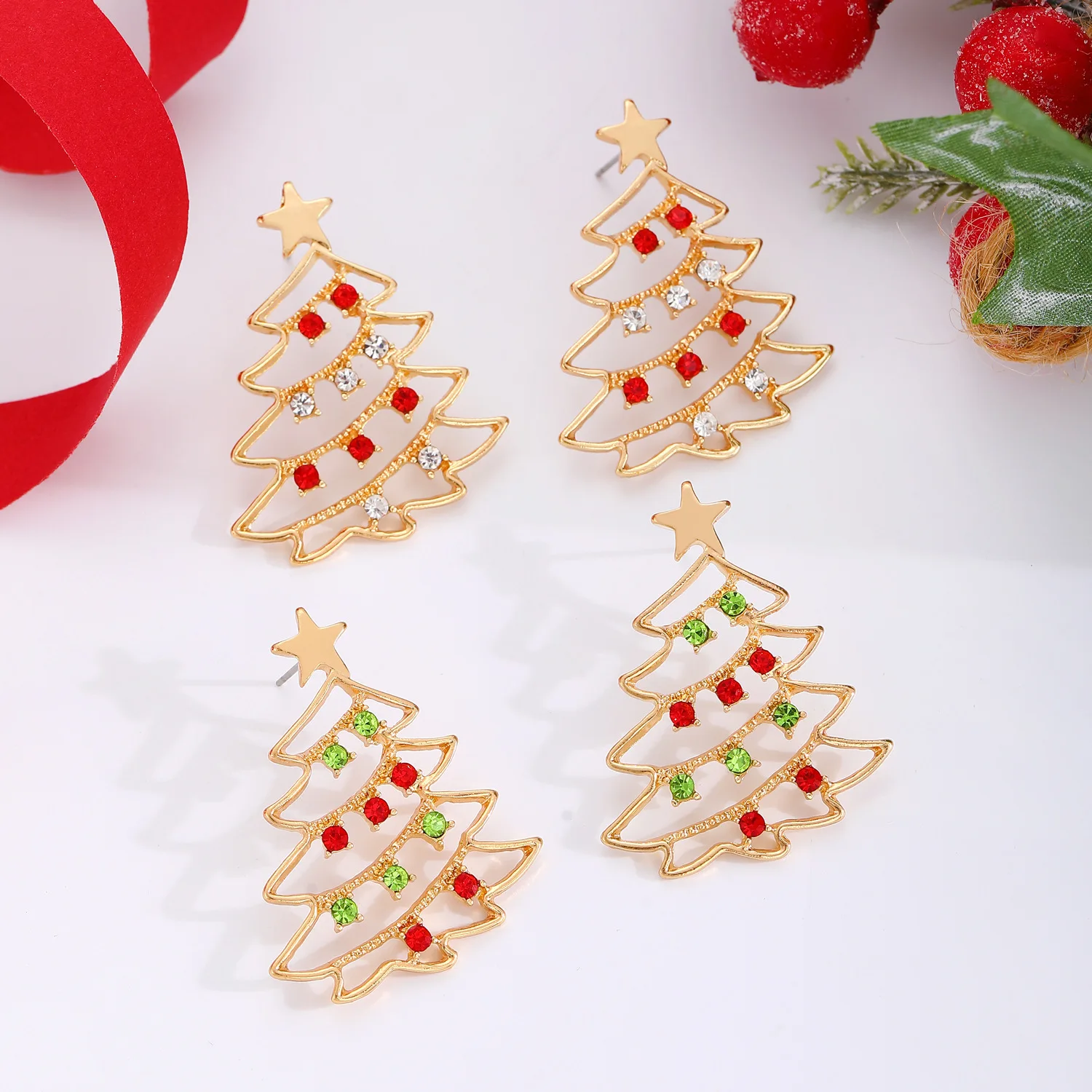 Gold Color Christmas Tree Earrings Women Girls Jewelry Cute Stars Zircon Hollow Pendant Ear Wired Christmas Accessories Gifts