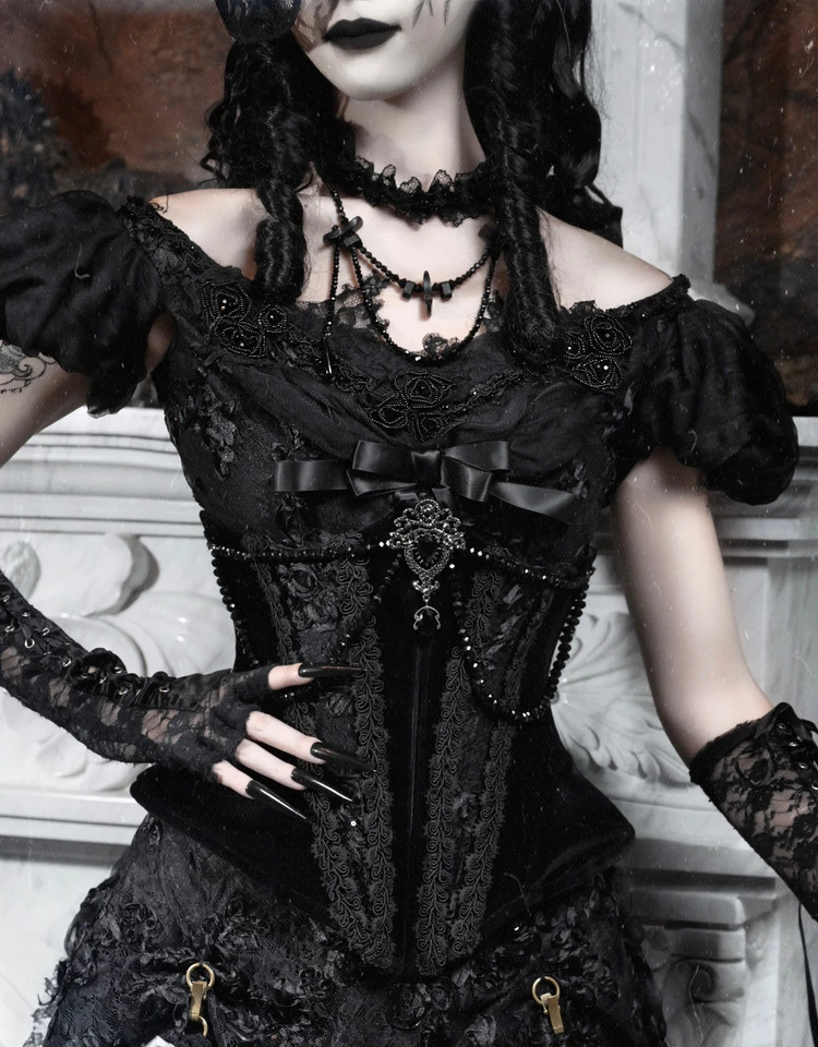 

Blood Supply Original Love God Gothic Fishbone Velour Luxury Lace Beading Black All Match Girdle Corset Holloween