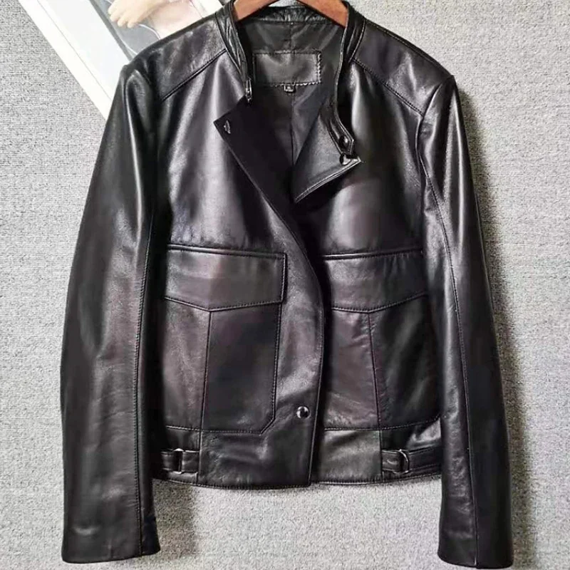 Tajeyane-chaqueta de cuero para mujer, Top Retro de cuello alto, de piel de oveja vieja, para motocicleta, pura, Primavera, 2021