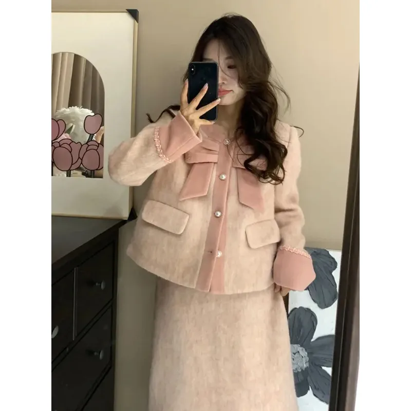 UNXX French Style Small Fragrant Bow Woolen Blazer + Skirt Sets Retro Sweet Lace Up Woolen Jacket Half Skirt Two-piece Set Women