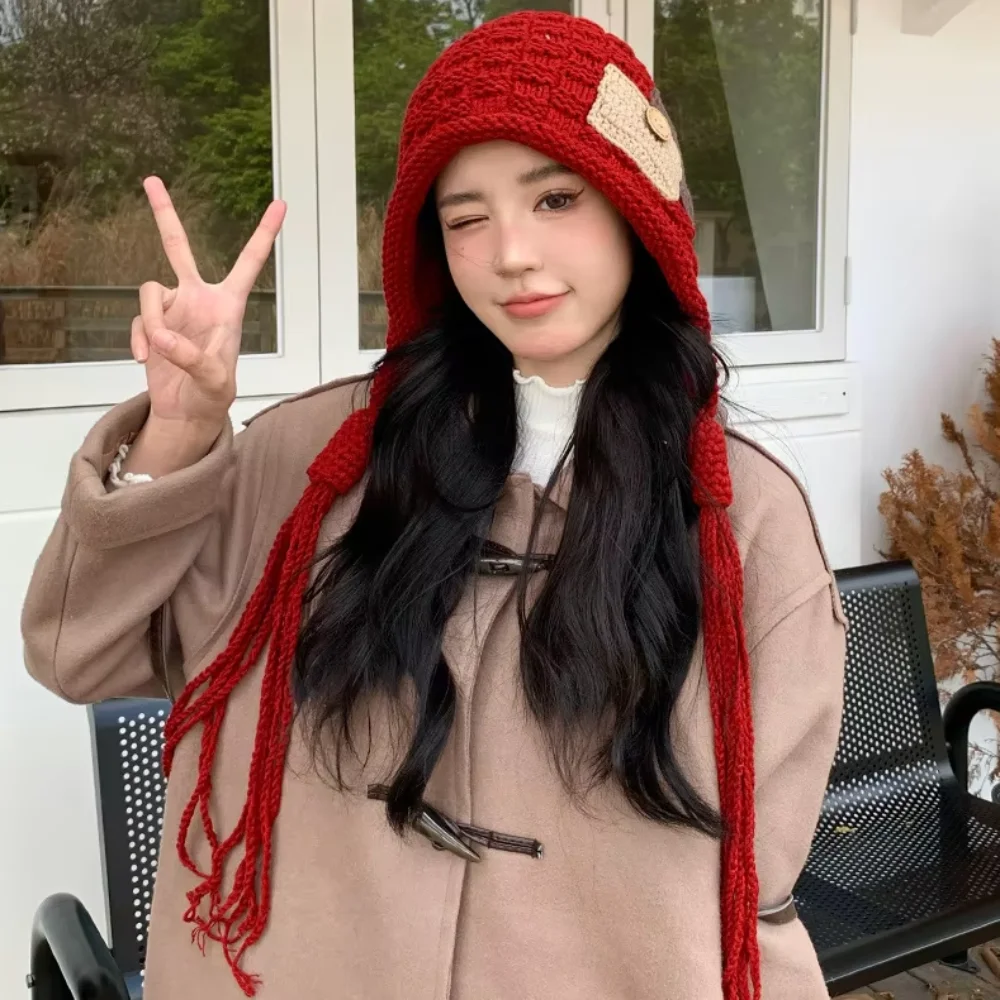 

Harajuku Designed Knitted Hat with Long Tassels Button Keep Warm Crochet Lei Feng Hat Thickened Windproof Pullover Hat Autumn