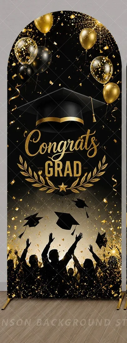 Luxury Black Gold Graduation Arch Cover Backdrop Congrats Grad Balloon Graduation Celebration Panels background
