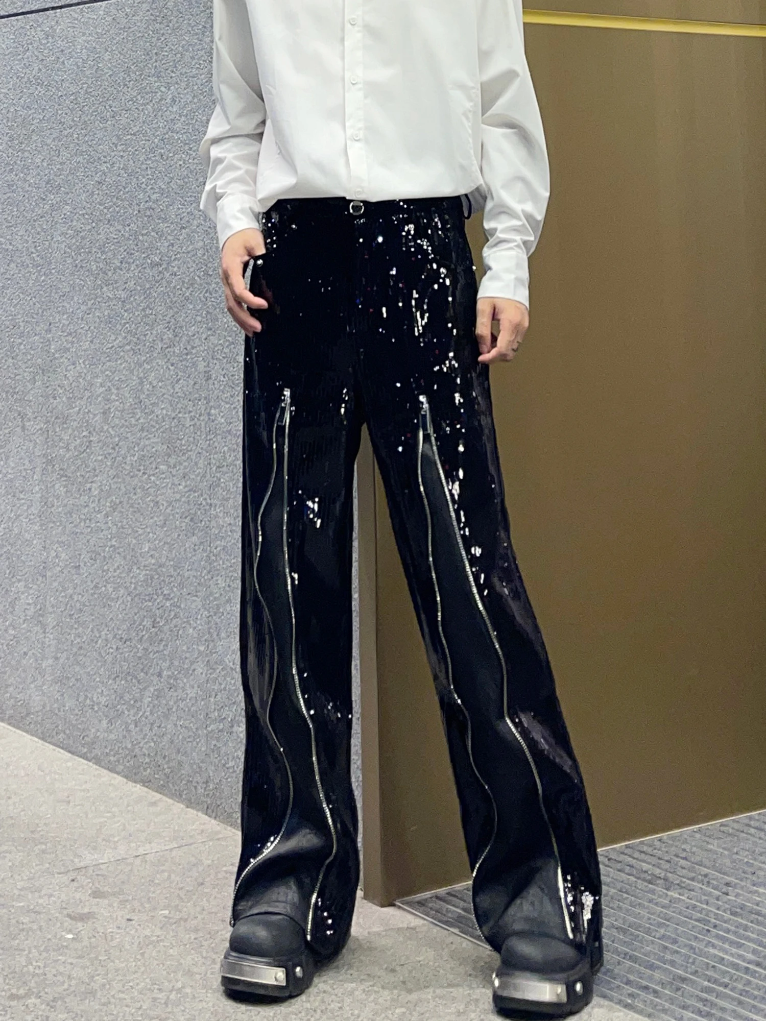 Heavy Industry Sequined Splicing Zipper Design Sense Black Trousers Men's Korean Fashion Trend Loose Versatile Casual Trousers
