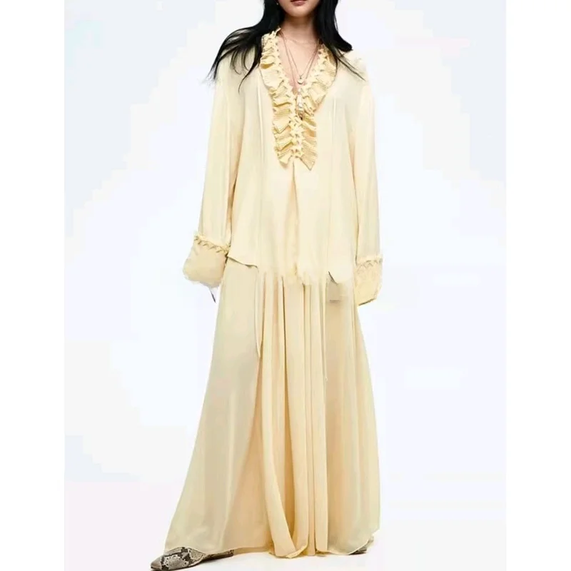 Csa Vestido Fena de Manga Longa Solta com Decote em V Estilo Boêmio Nova Coleção de Verão em Fibra de Poliéster Estilo...