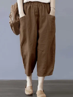 Women Linen Cropped Harem Pants Elastic High Waist Loose Fit Casual Baggy Capri Trousers With Pockets For Summer
