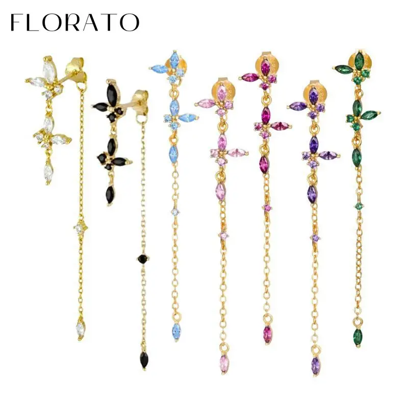 925 Sterling Silver Ear Needle Butterfly Flower Crystal Pendant Water Drop Tassel Chain Earrings Romantic Luxury Wedding Jewelry