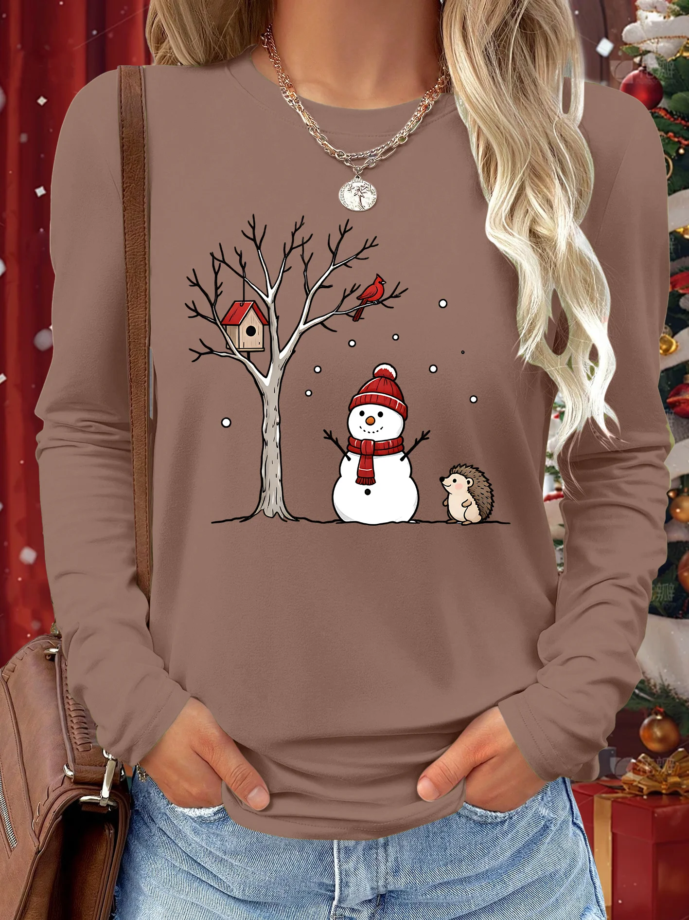 [Christmas Gift] Autumn Winter Women'S Long Sleeve T-Shirt, Snowman Hedgehog Red Bird Winter Tree Easy Print Round Neck Machine Washable Comfortable Skin-Friendly Soft Breathable Loose Top Fresh Elegant Fashion Commute Daily Easy Versatile Casual Wo