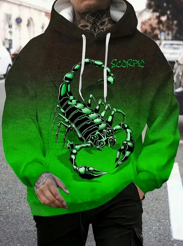 Plus Size Men's Casual Hoodie with Hamburger Pizza Fries Print - Black & Red Fast Food Graphic Pullover, Lounge Clothing,