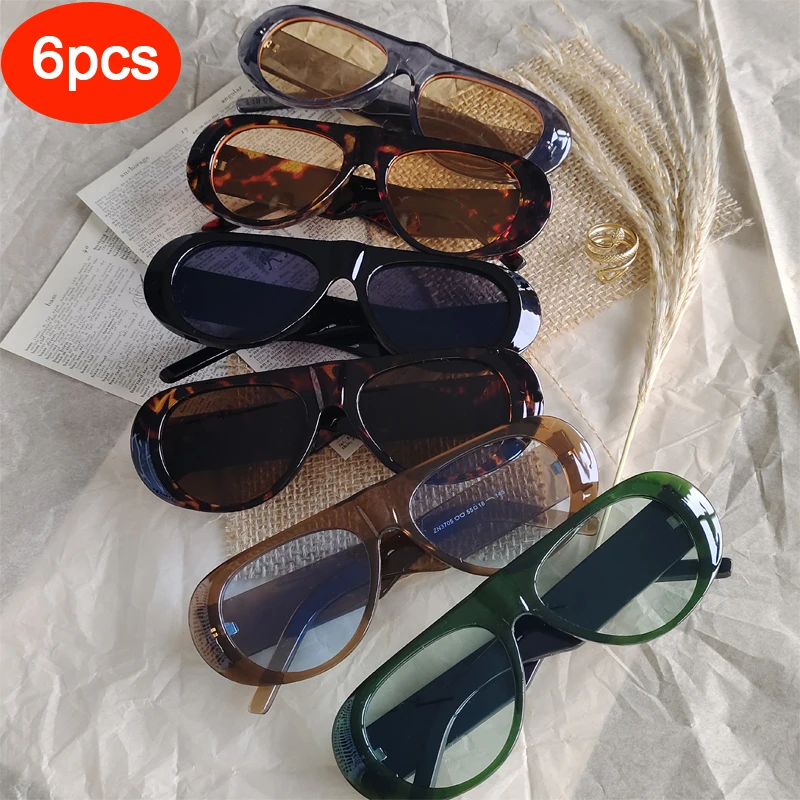 6Pcs Large Frame Retro Sunglasses Male UV Resistant Oval Female New Fashion Advanced Minimalist Style Sun Glasses