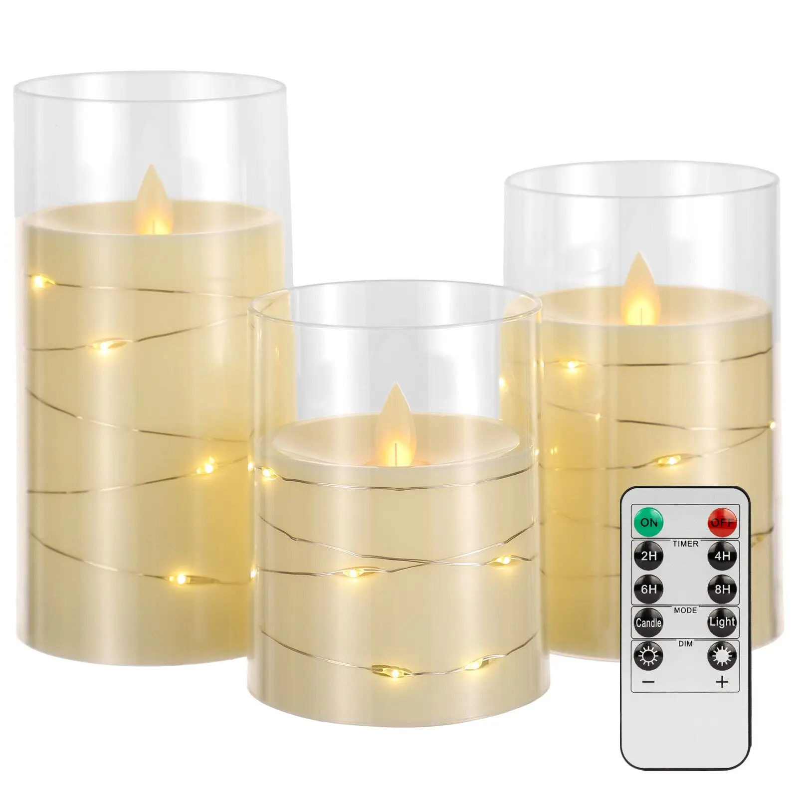 Flickering Flameless Candle, Unbreakable PlexiGlass, LED a pilhas, movendo Wick velas, remoto e temporização, incorporado com String