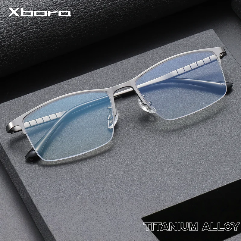 XBORA New Men's Business Pure Titanium Half Frame Glasses Luxury Ultra Light Simple Temperament Square optical Eyeglasses 5002