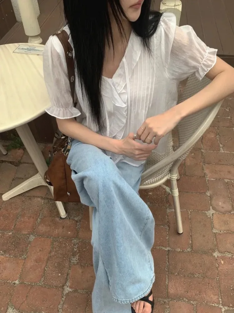 Korean Sweet Romantic Age-Defying Pleated Belted Semi-Transparent Short-Sleeve V-Neck Shirt Women's Loose Style Summer Fashion