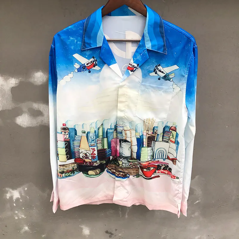 

Casual Button Down Long Sleeve Abstract Art Printing Shirts Men's Hawaiian Shirt Vetement Homme Fashion Cityscape Shirt Men