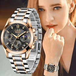 LIGE-Relógio de aço inoxidável de luxo feminino, Brand Relógios para mulheres, Relógio de pulso feminino, Relógio feminino, Data impermeável, Quartz Watch, Bracelet