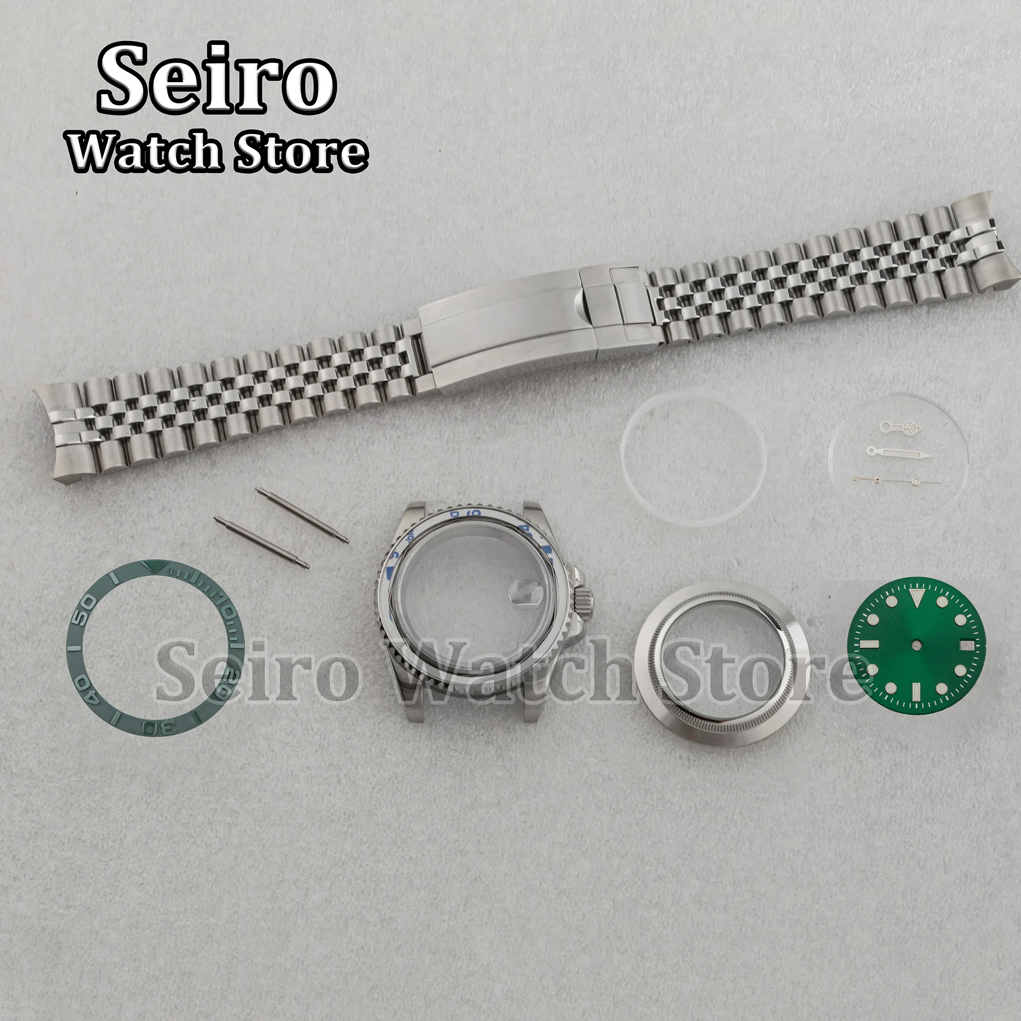 40MM Watch Case Jubilee Strap Green Dial Luminous Hands Silver 10bar Accessories Parts for Yacht SUB GMT NH35 NH34 NH36 Movement