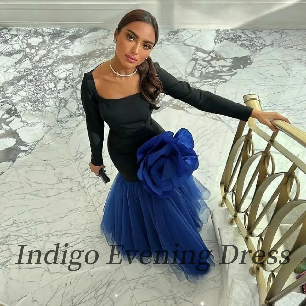 Indigo Royal Tulle Prom Dress Square Neck Floor-Length A Line Flower Women Formal Party Vintage Dress فساتين السهرة Customized