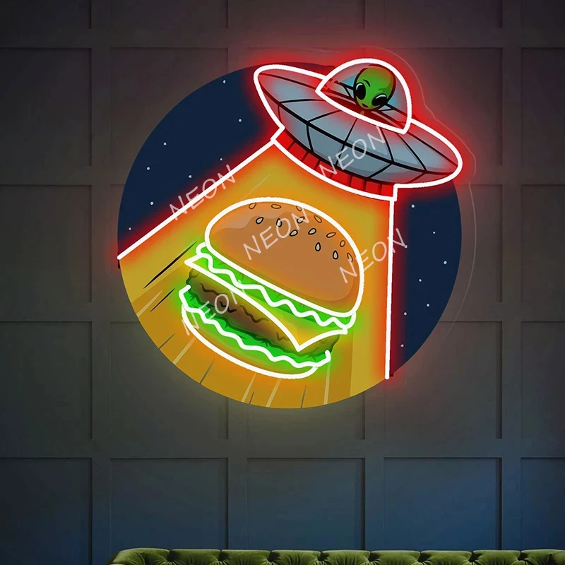 astronauta sinal de neon hamburguer ufo alienigena impressao uv arte acrilica quarto sala de estar decoracao da parede personalizado 01