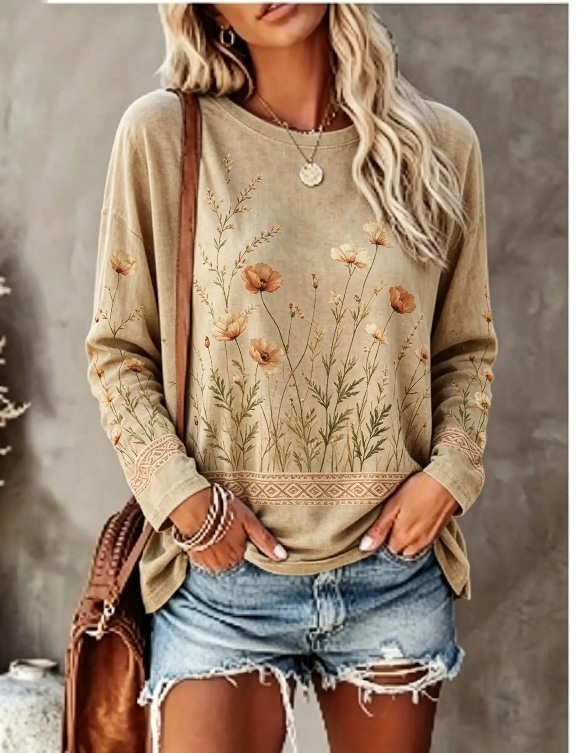 Women Long Sleeve T Shirt Vintage Wildflower Floral Print Crew Neck Casual Boho Fall Tops image 3