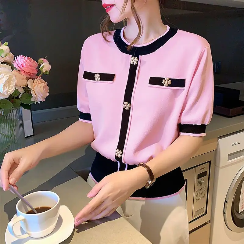 England Style Summer New Round Neck Vintage Contrast Color Chic Top Temperament Streetwear Office Lady Ladies Cardigan Shirt