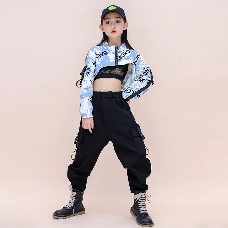 Hip Hop Girls Contrast Crop Top Cargo Pants Child Jazz Streetwear Sweatshirt Kids Street Dance Cheerleader Clothes Set