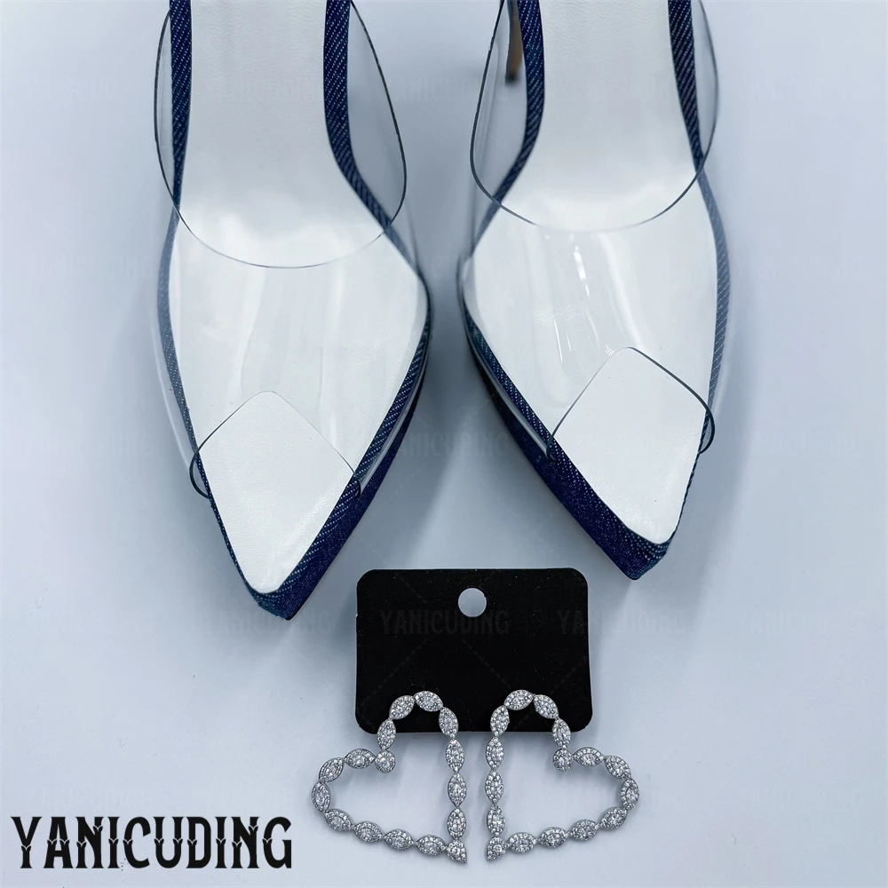 Denim Clear PVC Platform Mules Sexy Pointed Peep Toe Slippers Fashionable Designer Style Handmade Women Summer Stiletto Slippers