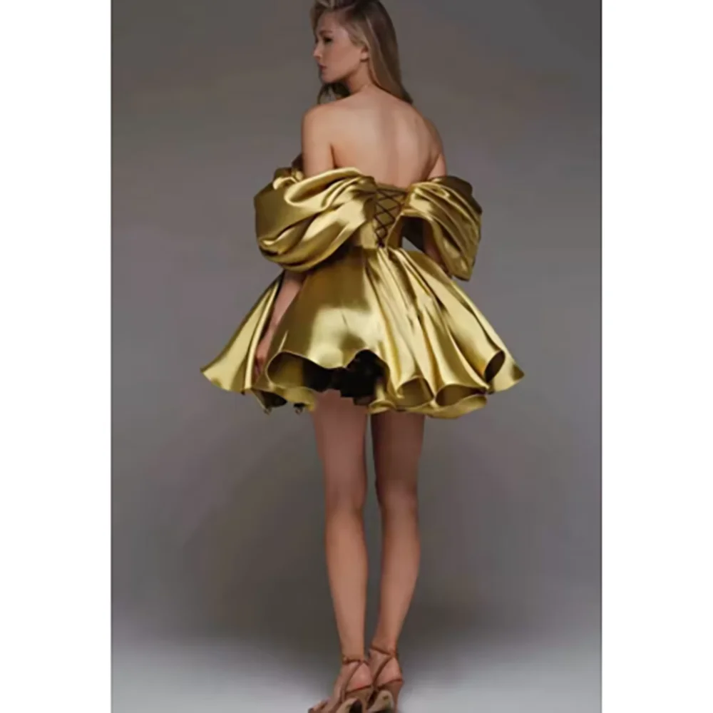 

Luxury A-line Formal Occasion Party Dresses Satin Vestido Off the Shoulder Evening Prom Gowns Draped Corset Back Mini