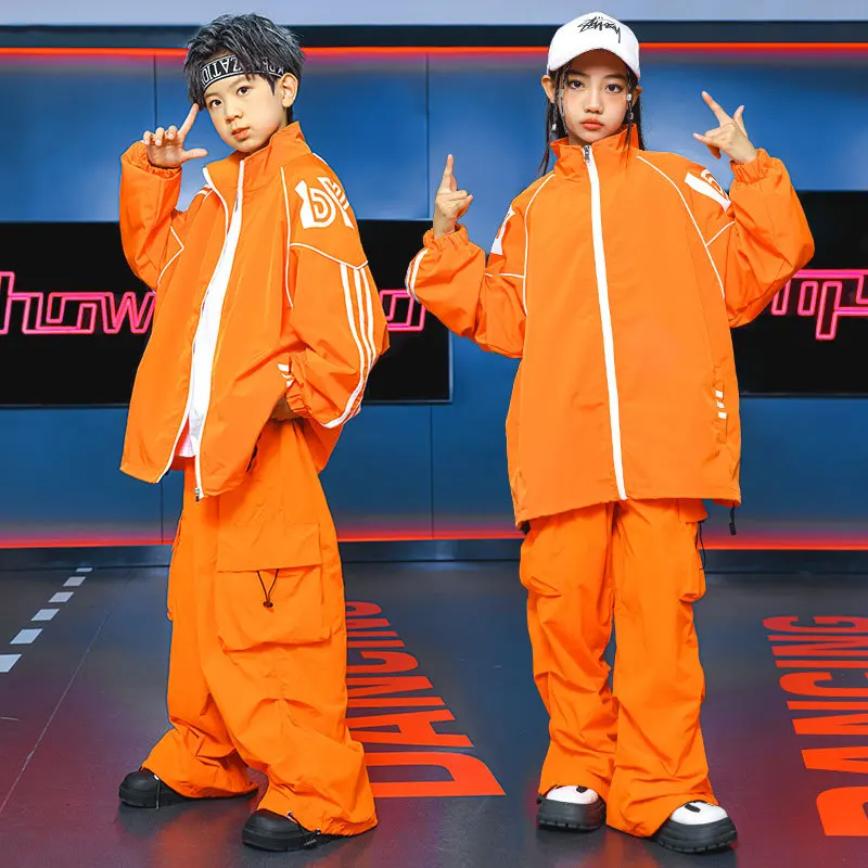 

Kids Hip Hop Fashion Jazz Costume Boy Drum Show Orange Suit Girl Dance Leather Orange Trousers