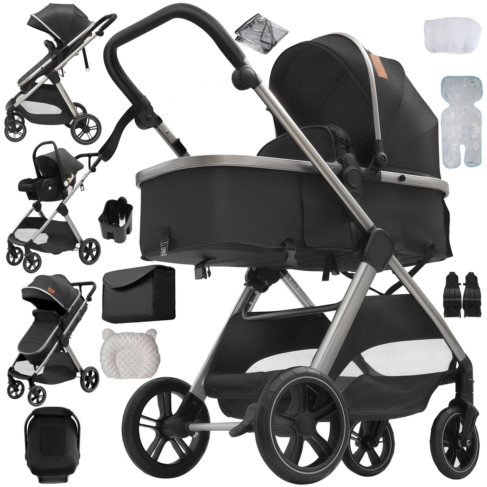 Poussette bébé 3 en 1, landau léger, poussette pliable, système de voyage, poussette multifonctionne