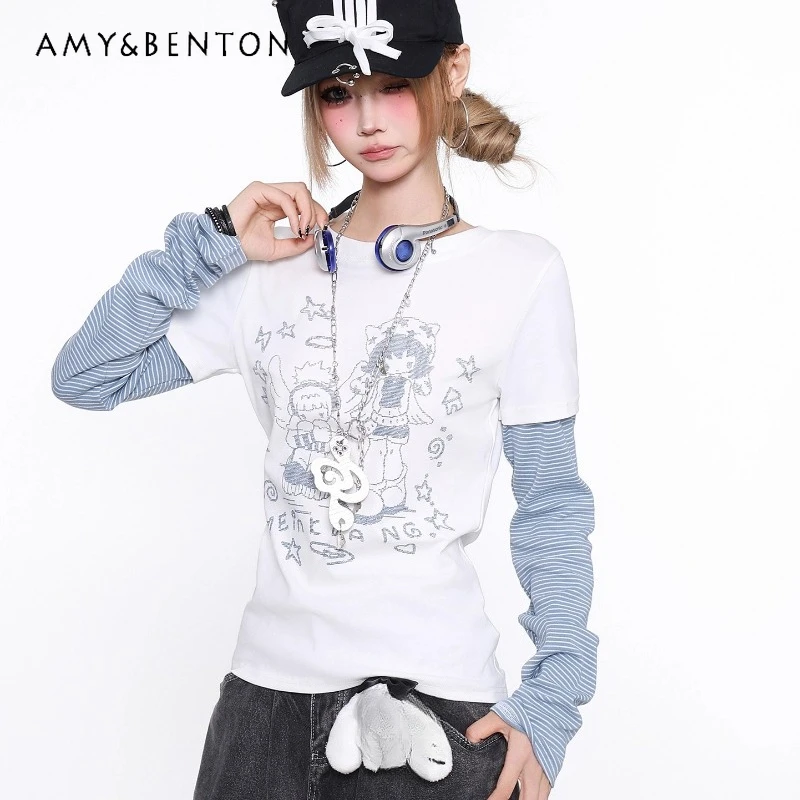 

Ретро-дизайн, мультяшный аниме-узор, искусственный двухсекционный женский топ с длинными рукавами, осенние новые утягивающие повседневные универсальные футболки для женщин