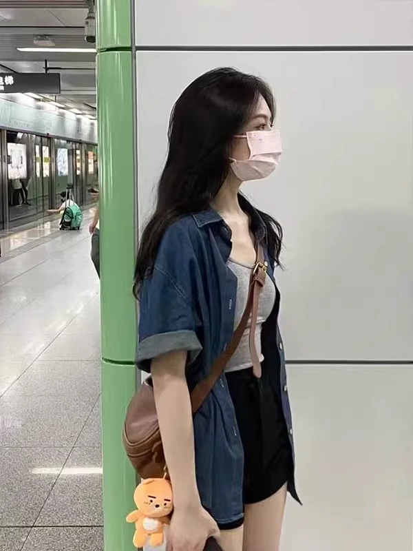 

plus Size 300 Pounds Retro Chic Hong Kong Style Women's Denim Shirt Summer Loose Short Sleeve Versatile Top Korean Style Poly...