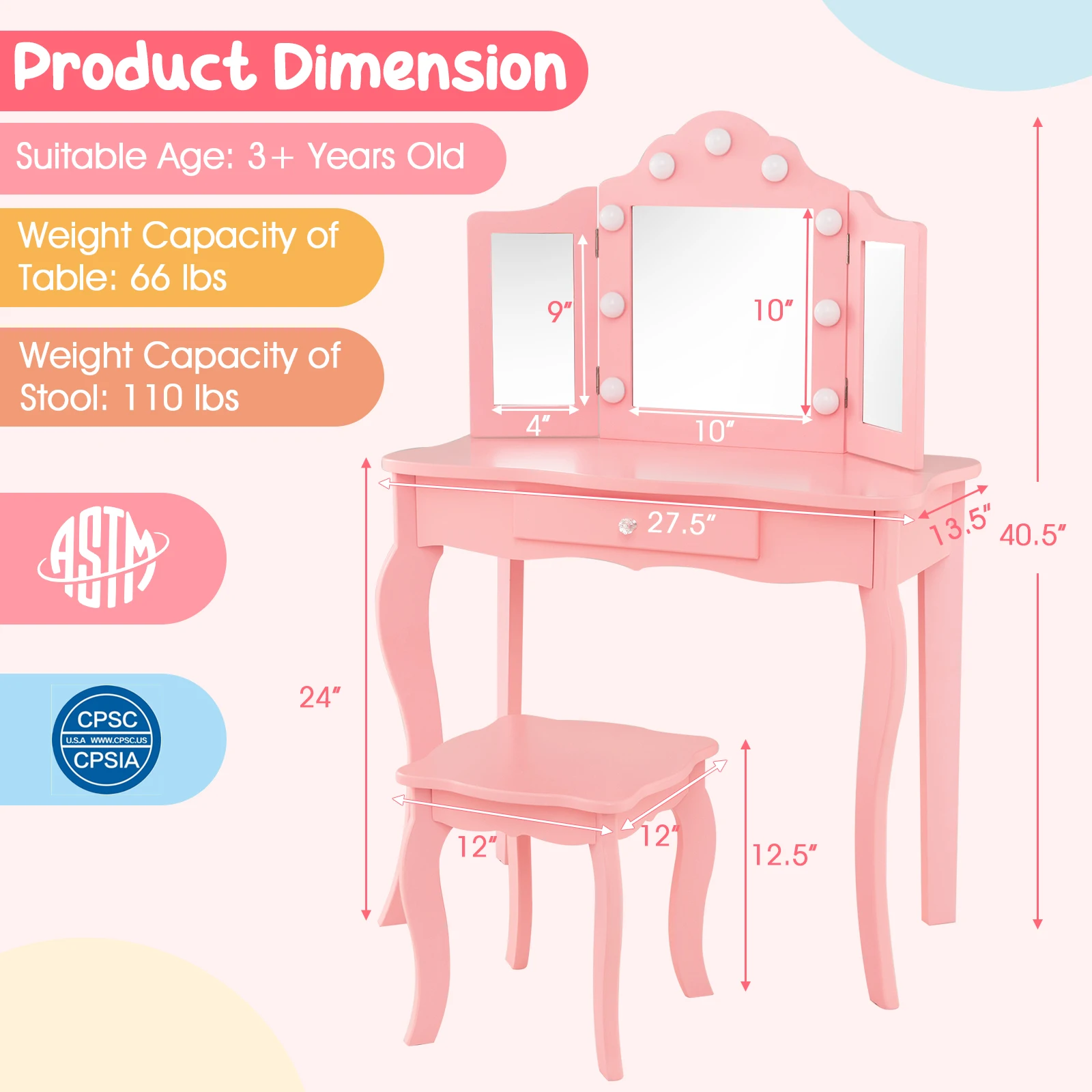 Kid Vanity Table Stool Set Tri-Folding Mirror Adjustable 3-Color LED Lights Pink