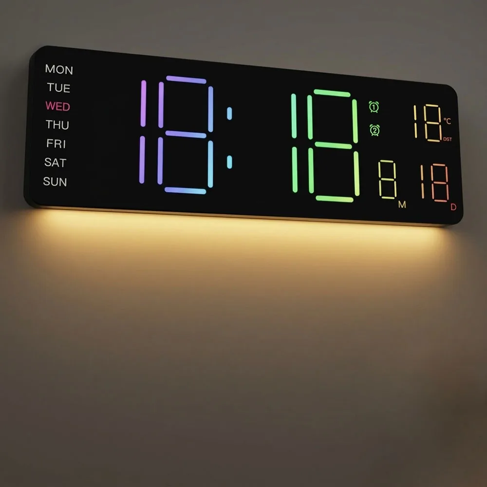 Digital LED Wall Clock Calendar Colorful Night Light Temperature for Living Room Bedroom Office Smart Home