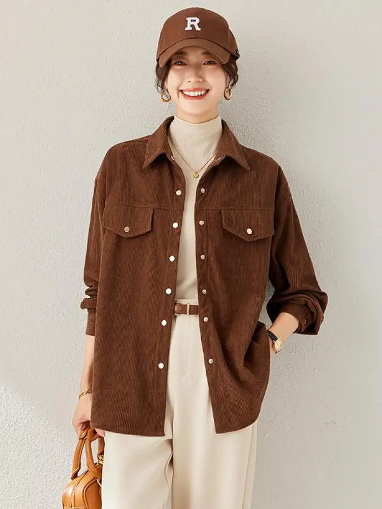 

Korean Fashion Autumn Brown Single Breasted Long Sleeved Shirt Women Elegant Versatile Professional Blouse Tops Casual vintage